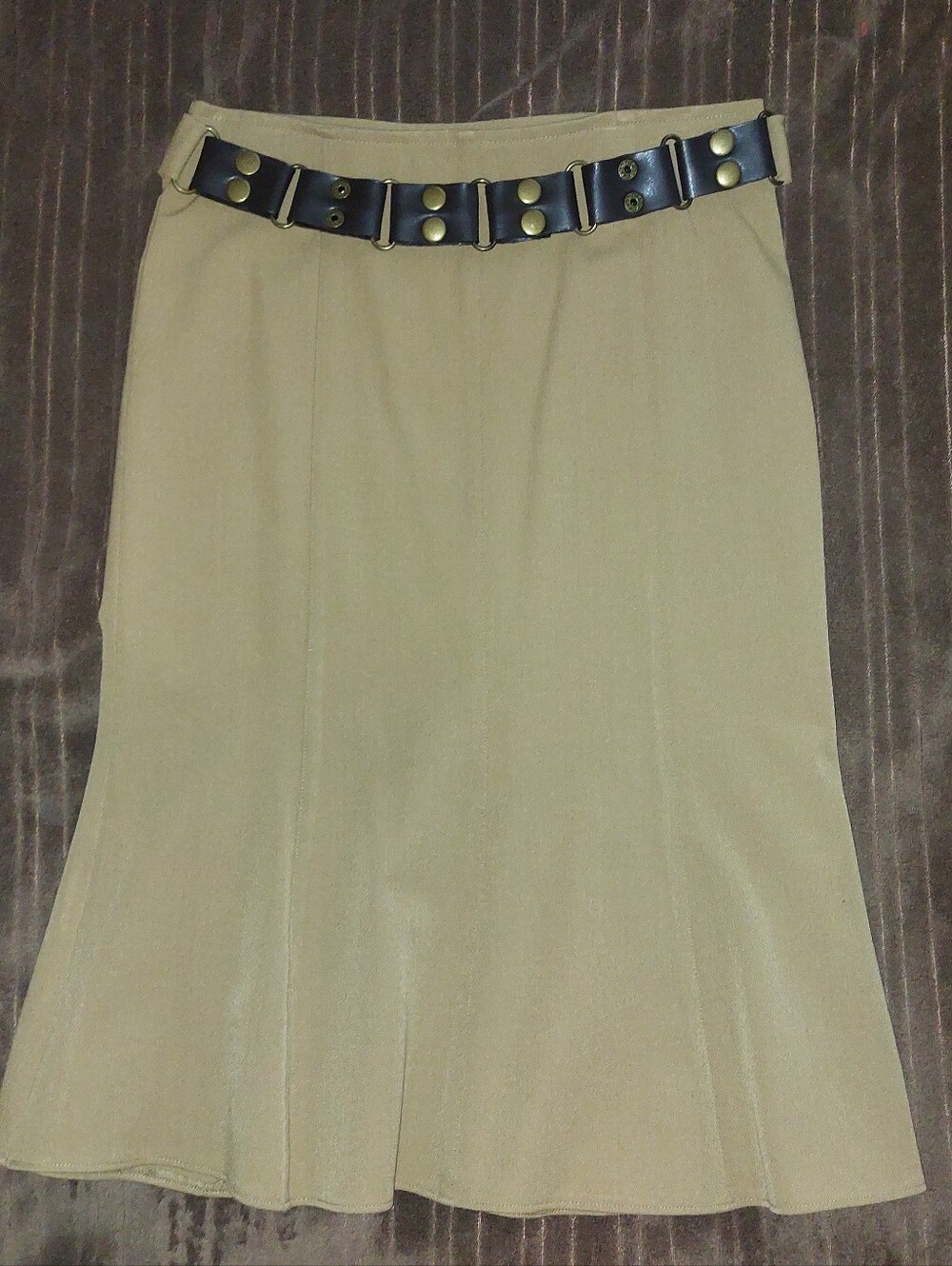 Dex Beige A-Line Midi Skirt with Black Studded Belt